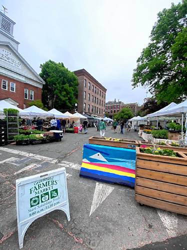 Visitors of the Greenfield Farmers Market enjoy the convenience of in-town access to fresh, local products and proximity to historic buildings and other echoes of regional history.