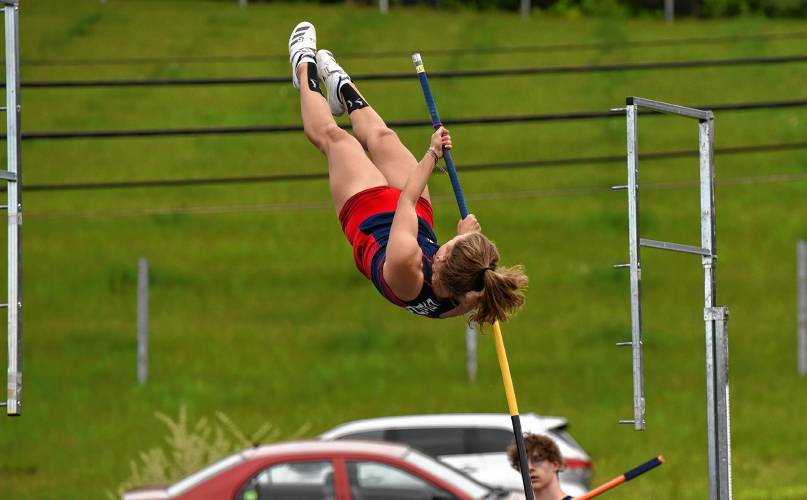 Mahar’s Stellina Moore competes in the pole vault during last Friday’s Western Mass. Div. 2 Track and Field Championship at Mohawk Trail High School. 