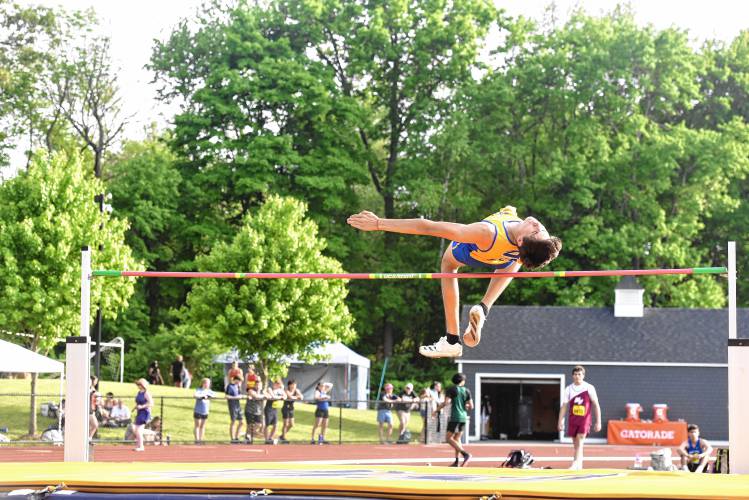 Mohawk Trail's Chay Mojallali competes in the high jump at the MIAA Div. 6 State Championship Track and Field Meet at Merrimack College Saturday. 