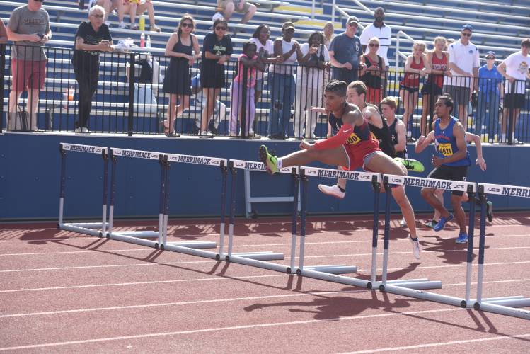 Mahar's Mitchell Krasco competes in the 110 hurdles at the MIAA Div. 6 State Championship Track and Field Meet at Merrimack College Saturday. 