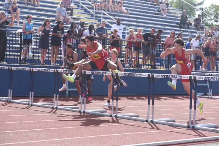 Frontier's Ben Cachiguango competes in the 110 hurdles at the MIAA Div. 6 State Championship Track and Field Meet at Merrimack College Saturday. 