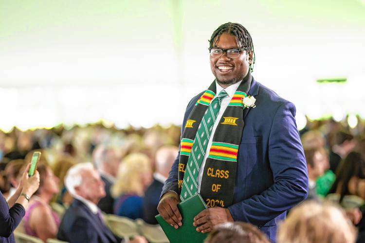 CJ Williams of Amityville, New York, this year’s recipient of the Deerfield Cup, during Deerfield Academy’s commencement ceremony on Sunday morning.