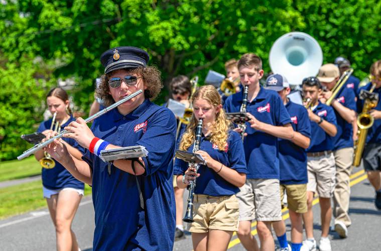 Members of the Frontier Regional School band march during the Whately Memorial Day parade on Sunday, May 26.