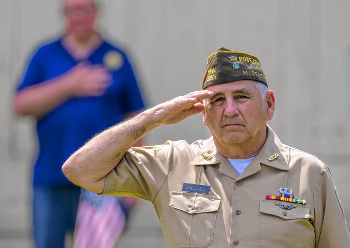 Ray Billiel, post commander of the Hale-Clapp Veterans of Foreign Wars Post 3295, salutes during the Whately Memorial Day parade on Sunday.