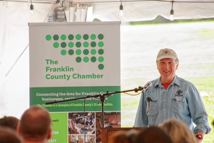 Peter Mitchell, owner of Headwater Cider in Hawley, speaks during the Franklin County Chamber of Commerce’s May luncheon, “Art of the Craft,” at the Northfield Golf Club.