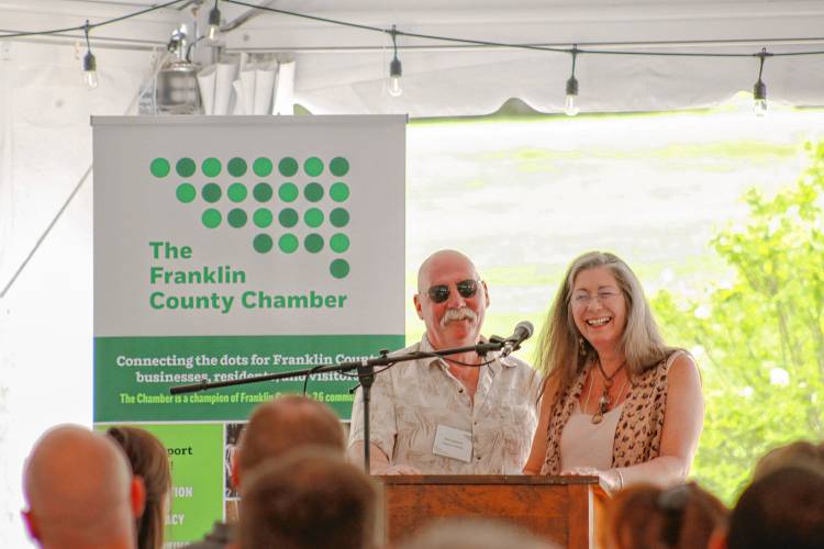 Paul and Leslie Cameron, owners of Cameron’s Winery and The Back Room Brewing Co. in Northfield, speak during the Franklin County Chamber of Commerce’s May luncheon, “Art of the Craft,” at the Northfield Golf Club.