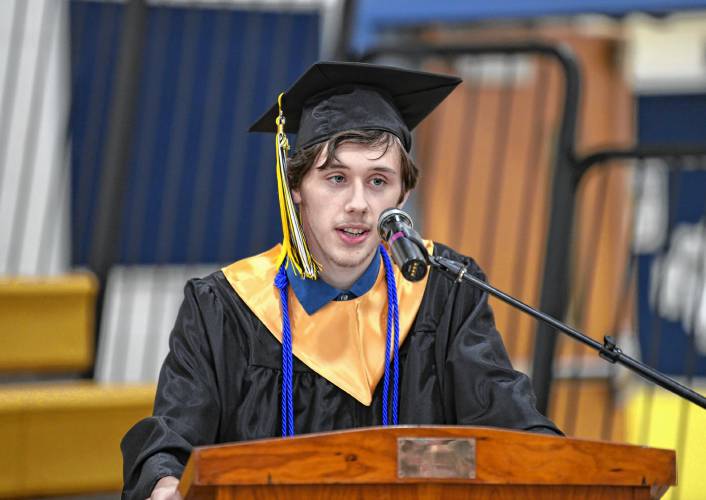 Pioneer Valley Regional School Salutatorian Griffin de Ruiter speaks during the commencement ceremony on Friday night.