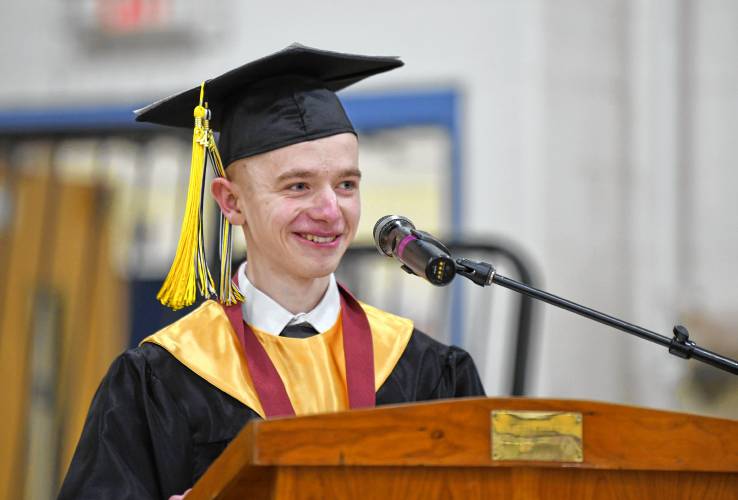 Pioneer Valley Regional School Valedictorian Maddax Wegiel speaks during the commencement ceremony on Friday.