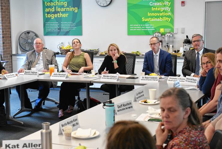 From left Northwestern District Attorney David Sullivan; Julia Newhall, director of opioid abatement strategy and implementation; Deidre Calvert, director of the Bureau of Substance Addiction Services; state Department of Public Health Commissioner Dr. Robert Goldstein; and Christopher Donelan, Franklin County sheriff and co-chair of the Opioid Task Force, at Greenfield Community College on Wednesday.