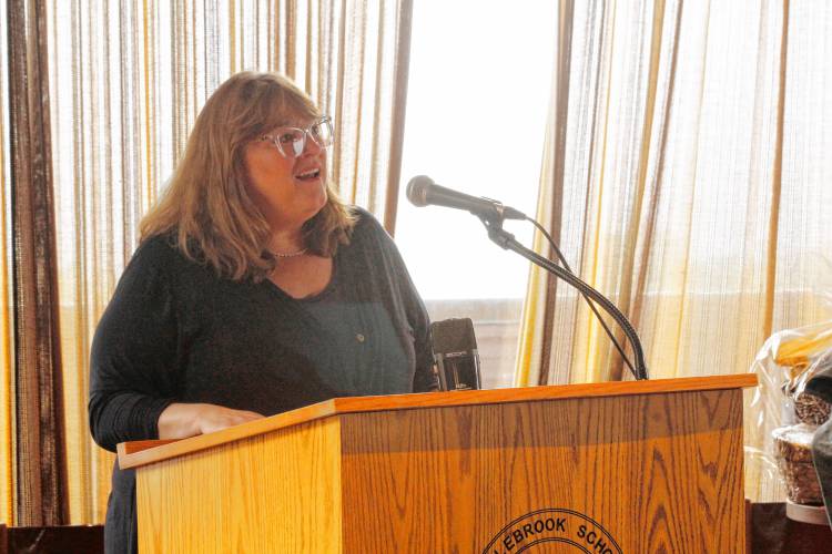 State Rep. Susannah Whipps, I-Athol, speaks at the Franklin County Chamber of Commerce’s annual legislative breakfast at Eaglebrook School in Deerfield on Friday morning.