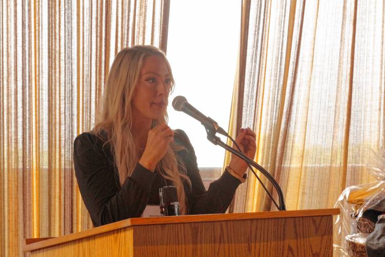 Franklin County Chamber of Commerce Executive Director Jessye Deane speaks at the chamber’s annual legislative breakfast at Eaglebrook School in Deerfield on Friday morning.