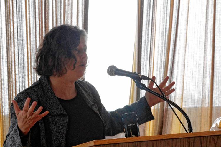 State Sen. Jo Comerford, D-Northampton, speaks at the Franklin County Chamber of Commerce’s annual legislative breakfast at Eaglebrook School in Deerfield on Friday morning.