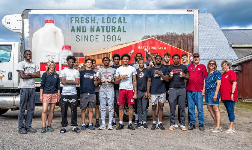 The UMass men’s basketball team spent their Monday at Mapleline Farm in Hadley as part of their community service tour through Western Massachusetts.