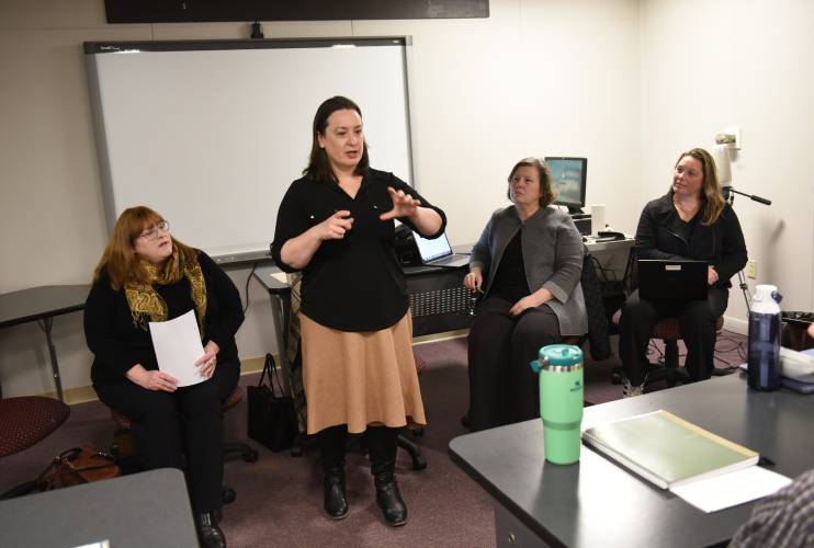 From left, Rep. Susannah Whipps, Rep. Lindsay Sabadosa, Sen. Jo Comerford and Rep. Natalie Blais during a legislative panel discussion on health care at a nursing class at Greenfield Community College in February. Two bills presented by Sabadosa that passed last week will support families who have experienced pregnancy loss by adding paid pregnancy loss leave to the Massachusetts Earned Sick Time Law and establishing a public information campaign for awareness and treatment options for pregnancy loss.