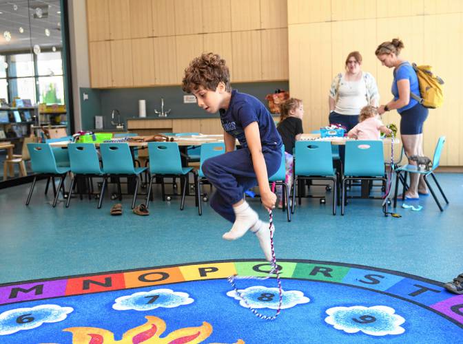 Isaiah Santos, 5, of Greenfield, tries out the braided jump rope he made at the Greenfield Public Library on Tuesday. Another session will be held on Friday, July 19, at 11 a.m.