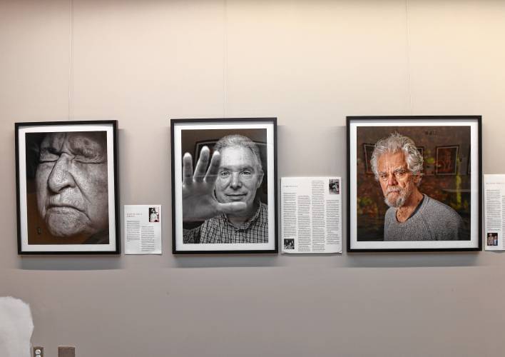 Leyden native Joe Wallace’s portrait series called “The Day After Yesterday,”  showcasing Massachusetts residents living with dementia, is on display in the Greenfield Public Library meeting room.