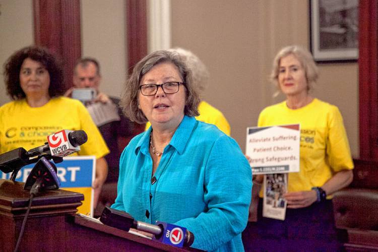 Sen. Jo Comerford, D-Northampton, speaks at a Wednesday event highlighting legislation that would authorize medical aid in dying in Massachusetts.