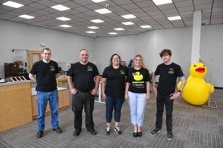 The Rubber Duck Tech Repair crew are, from left, Chris Miller, Daniel Adams, Sarah Rooney, April Rooney Adams and Dakota Santos.