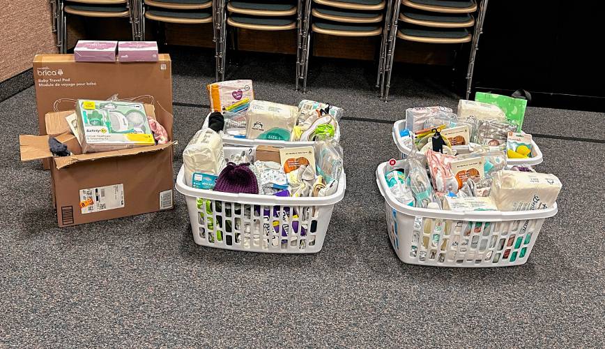 Baskets filled with baby supplies donated to Ascentria Care Alliance in West Springfield for pregnant refugee mothers entering the country.