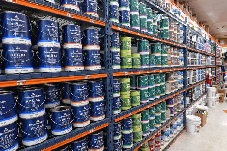 Paint for sale at Aubuchon Hardware in Greenfield. Should “An act relative to paint recycling” be signed into law, retailers would be able to opt in to a paint stewardship system.