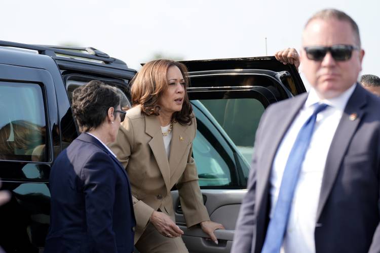 Vice President Kamala Harris arrives at Westfield-Barnes Regional Airport in Westfield on Saturday to return to Washington after participating in a political event in Pittsfield.