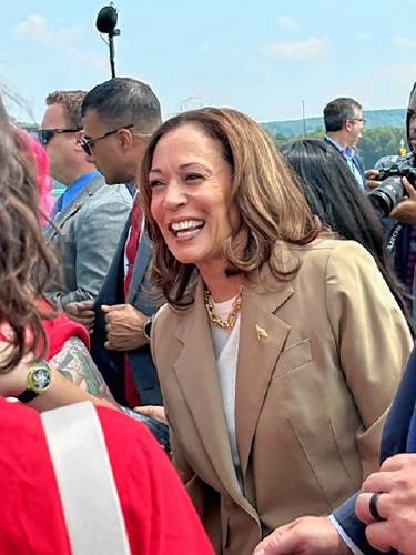 Vice President Kamala Harris visited western Massachusetts for a fundraising event in Pittsfield on Saturday and was greeted by several Franklin and Hampshire county residents at Westfield-Barnes Regional Airport in Westfield.