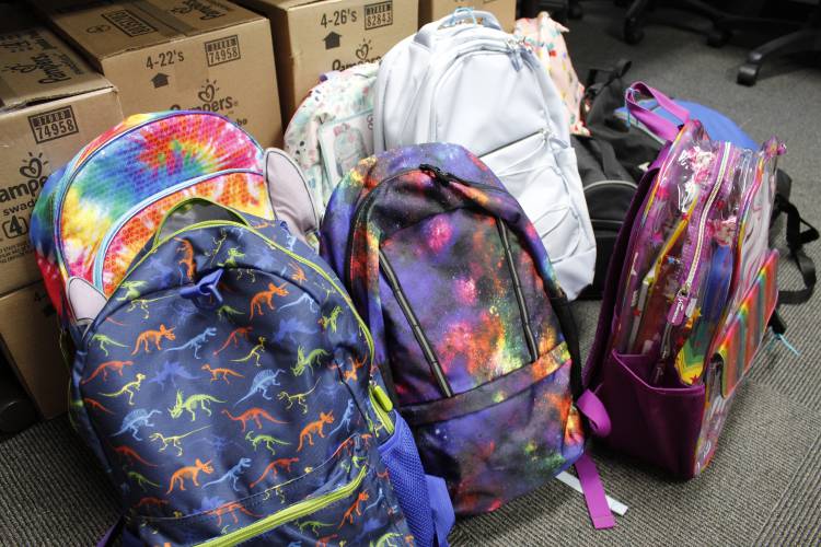 Some of the more than 200 backpacks that were donated to United Way’s Blooming Backpacks drive in 2022. The 20th annual Blooming Backpacks drive has begun and will continue to collect new backpacks filled with school supplies through Aug. 8.