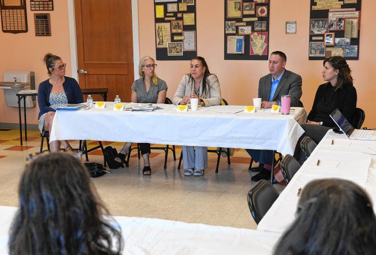 Jo Ann Onduso of the Community Action Family Center, Judge Alexandra Flanders of Franklin Probate and Family Court, Sabrina Feliciano of the U.S. Social Security Administration, Greenfield Savings Bank Vice President Matthew Sheridan and Greenfield Savings Bank Branch Manager Hidy Goguen-Osorio were panelists at The United Arc in Turners Falls on Thursday during at a forum on grandparents raising grandchildren.