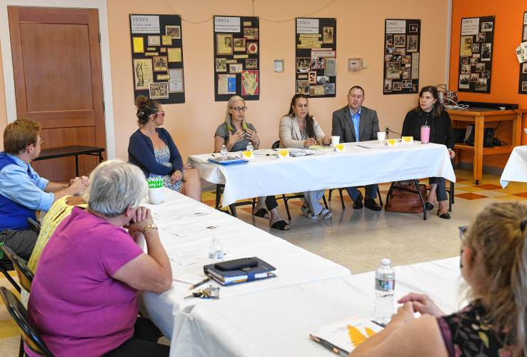 Jo Ann Onduso of the Community Action Family Center, Judge Alexandra Flanders of Franklin Probate and Family Court, Sabrina Feliciano of the U.S. Social Security Administration, Greenfield Savings Bank Vice President Matthew Sheridan and Greenfield Savings Bank Branch Manager Hidy Goguen-Osorio were panelists at The United Arc in Turners Falls on Thursday during at a forum on grandparents raising grandchildren.