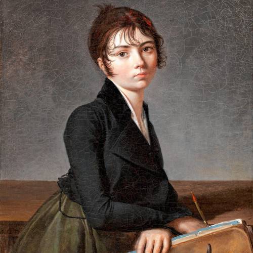 “Woman Leaning on a Portfolio,” Lethiere’s delicate 1799 portrait of what scholars believe was his stepdaughter Eugenie Servieres. Pin curls were a popular hairstyle of the day and X-rays have shown that Lethiere painted over hoop earrings and a red ribbon in the original rendering.