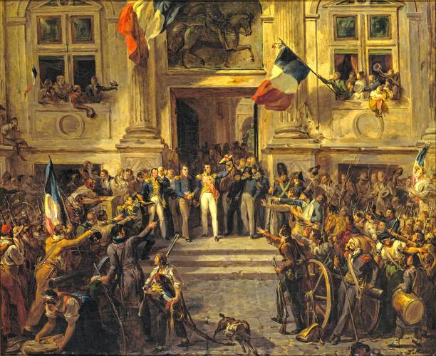 At age 72 Lethiere created this preliminary oil study celebrating a significant change in French government, “Lafayette Introducing Louis-Phillippe to the People of Paris.”