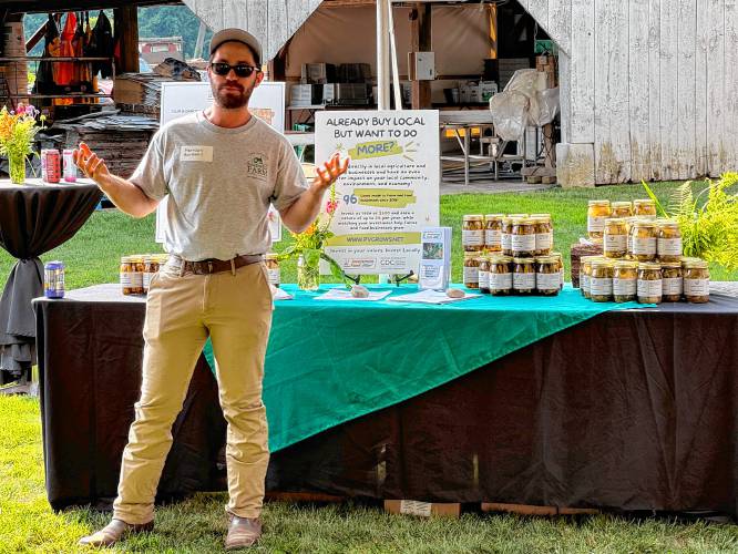 Harrison Bardwell, the ninth-generation farmer who operates Bardwell Farm, speaks about the significance of the PVGrows Investment Fund during an event at his Hatfield farm on June 25.