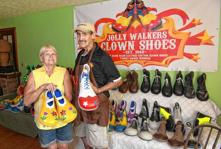 Sherrie Trahan and Gary Amiro of Jolly Walkers Clown Shoes in Wendell.