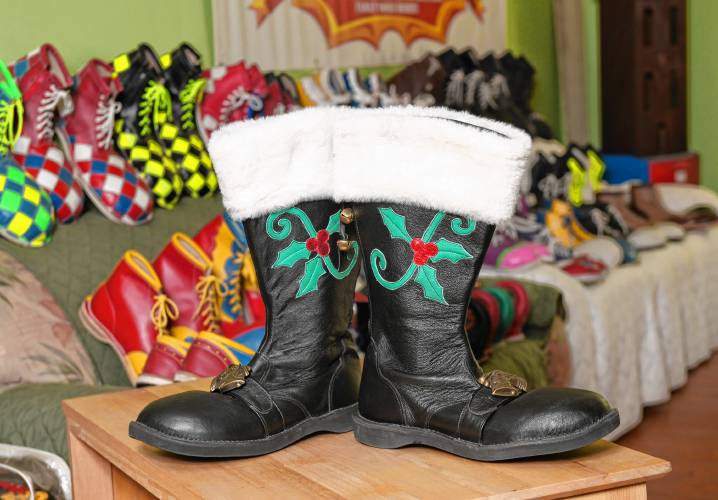 Custom Santa boots made by Jolly Walkers Clown Shoes in Wendell.