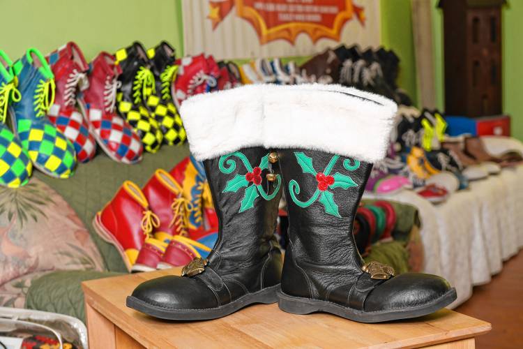 Custom Santa boots made by Jolly Walkers Clown Shoes in Wendell.