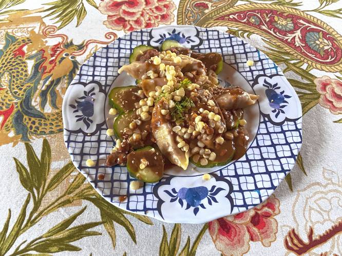 Tinky’s “Cucumber and Corn Potsticker Jumble with Peanut Sauce” is inspired by James Beard award winner Hetty Lui McKinnon, author of the wonderful vegetable book, “Tenderheart.”