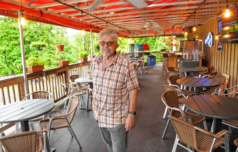 Co-owner Greg Rowehl on the back deck at Berkshire Pizzeria in Charlemont.