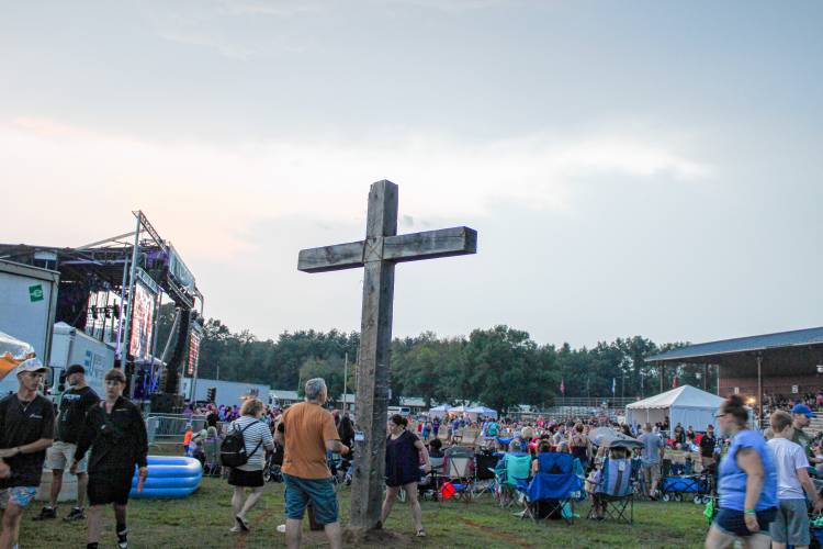 A cross erected near the main Revival Stage at the SoulFest Christian music festival at the Franklin County Fairgrounds in Greenfield on Thursday.