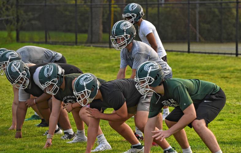 The Greenfield football team moves through drills during Day 1 of preseason camp on Friday in preparation for their 2024 season opener on Sept. 13 against Chicopee.