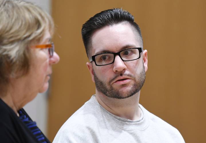 Ryan T. O’Farrell consults with his lawyer Jeanne Earley during as his guilty plea is accepted by Judge John Agostini in Franklin County Superior Court on Monday.