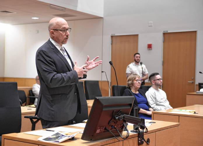 Assistant District Attorney Matthew Thomas goes over the facts of the case against Ryan T. O’Farrell in Franklin County Superior Court on Monday.