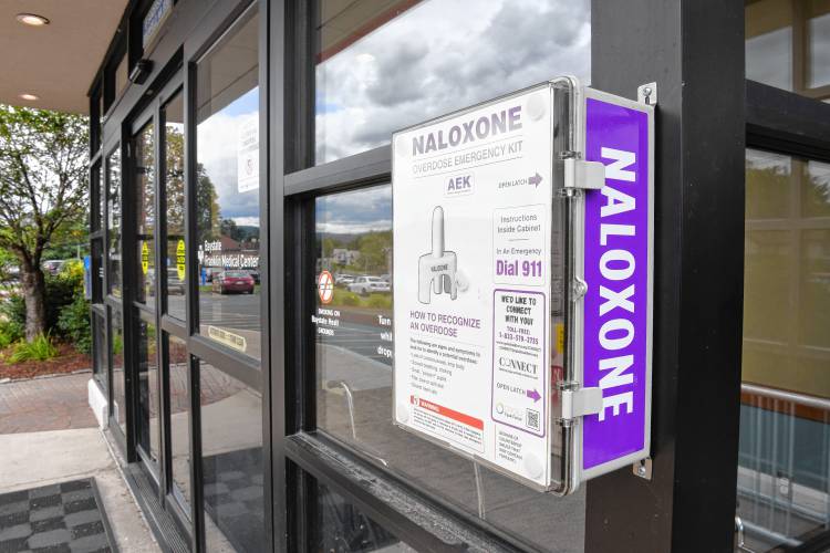 Two naloxone stations with free doses of the overdose reversal drug will soon be coming to Shelburne as part of regional efforts to reduce opioid deaths. A naloxone box at Baystate Franklin Medical Center in Greenfield is pictured.