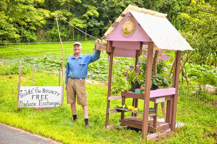 Jon Lagrèze offers produce to passersby who travel York Road in Colrain, where he grows an astonishing variety of crops on a third of an acre, thanks to the generosity of neighbors who loan him the parcel of land.