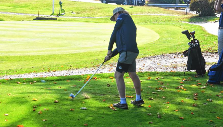 Franklin Tech’s Will Belval hits a tee shot at Thomas Memorial Golf & Country Club during a match last season.