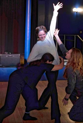 Kelly Tierney, a member of The Human Agenda Theater, during a rehearsal at Easthampton’s CitySpace. The group is one of the 10 projects selected for the 2024 Pay It Forward program.