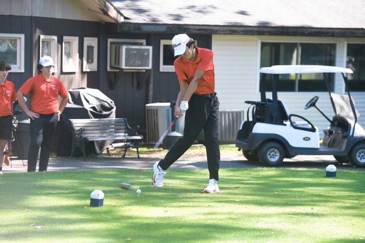 Athol's Dominik St. Andre tees off on Hole No. 1 during a match against Turners Falls on Tuesday at Thomas Memorial Golf Course in Turners. 