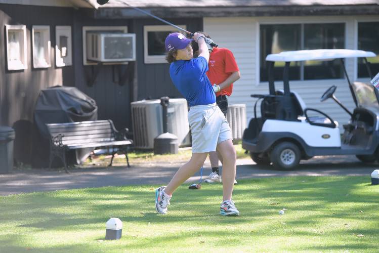 Turners Falls' Austin Smarr tees off on Hole No. 1 during a match against Athol on Tuesday at Thomas Memorial Golf Course in Turners. 