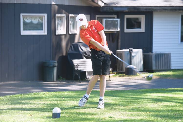 Athol's Owen Stoddard tees off on Hole No. 1 during a match against Turners Falls on Tuesday at Thomas Memorial  in Turners. 