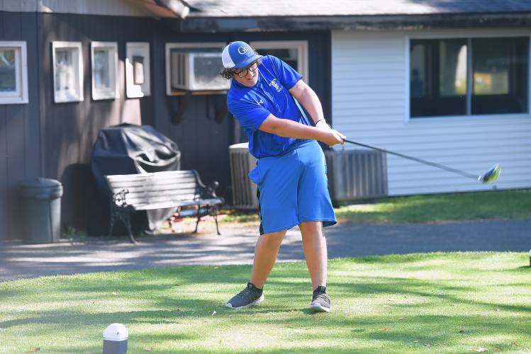 Turners Falls' Noah Blanchard tees off on Hole No. 1 during a match against Athol on Tuesday at Thomas Memorial Golf Course in Turners. 