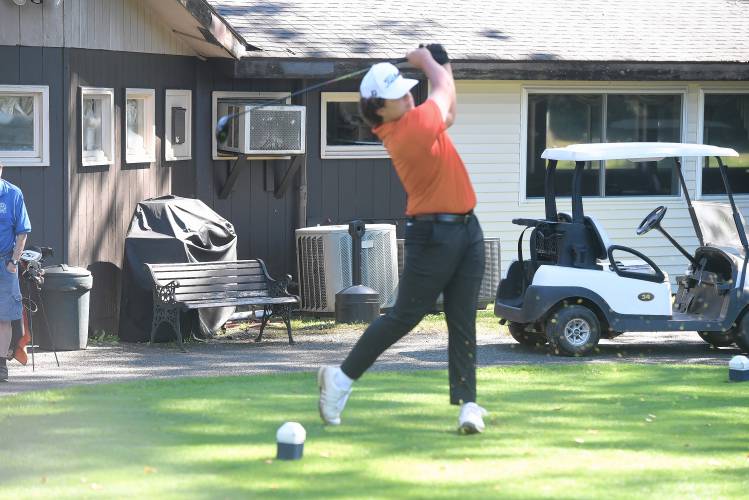 Athol's Ethan Heuer tees off on Hole No. 1 during a match against Turners Falls on Tuesday at Thomas Memorial Golf Course in Turners. 